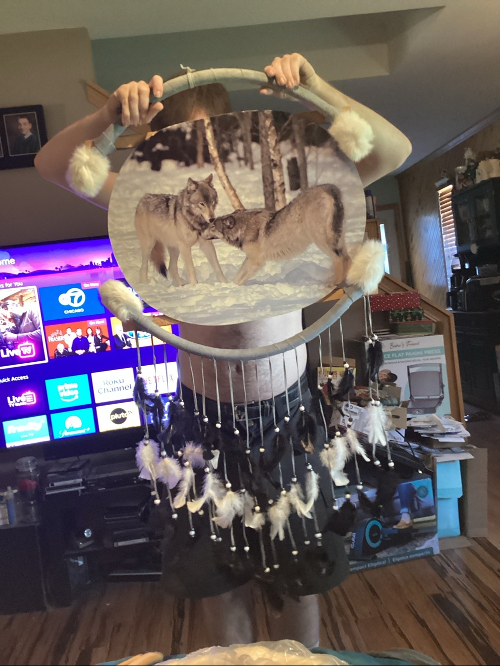 Decorative Wolf Dreamcatcher Wall Hanging - White & Black Feathers